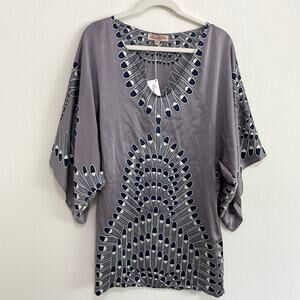 Mara Hoffman Womens 100% Silk Kimono Dress M Art To Wear Feathers Peacock Gray